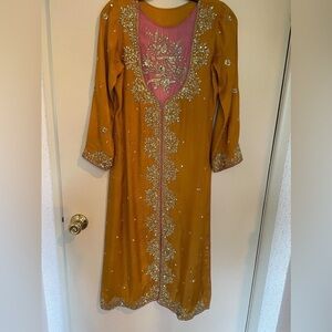 3 Piece Elegant Mustard and Pink Embroidered Dress